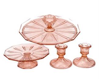 Lot 10011: Pink Depression Glass Console Set, c.1930s, 5 Pcs (photo 2)