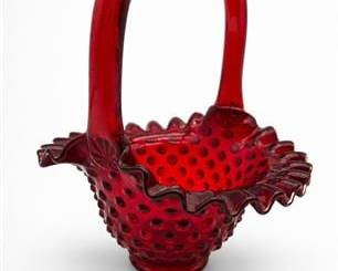 Lot 0590: Fenton Art Glass Ruby Red Hobnail Glass Basket — current bid $31