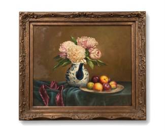 Lot 0702: Unsigned Oil on Canvas Still Life with Peonies and Fruit (photo 2)