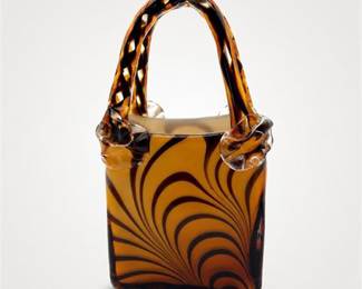 Lot 849: Hand-Blown Art Glass Purse Vase, Pulled-Feather Amber — current bid $7