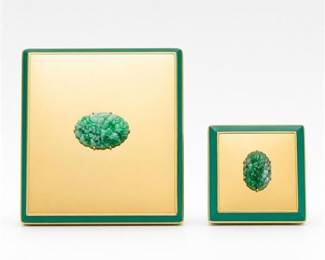 Lot 273: Gilt Metal, Enamel & Green Hardstone Cigarette Case Set — current bid $8