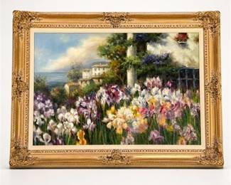 Lot 916: Oil on Canvas Impressionist Iris Garden, Signed "C. Roman" — current bid $33