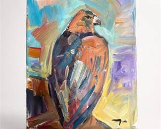 Lot 9: Jose Trujillo Oil on Canvas "The Hawk," 11 × 14 in. — current bid $7