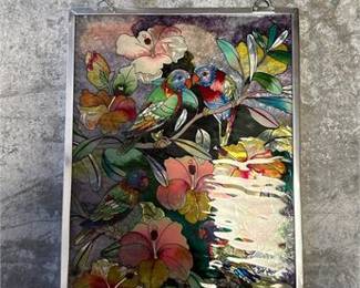 Lot 20: Amia Hand-Painted Glass Panel, Tropical Parrots & Hibiscus (photo 2)