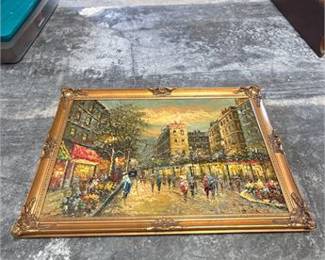Lot 917: Unattributed Paris Flower Market Oil on Canvas, Gilt Frame (photo 3)