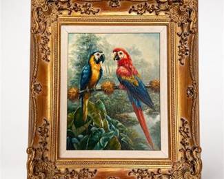 Lot 923: Oil on Canvas, Two Macaws in Tropical Foliage, Gilt Frame — current bid $6