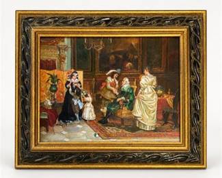 Lot 25: Oil on Canvas Historicist Genre Interior with Figures — current bid $5
