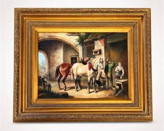 Lot 23: Oil on Canvas, Stable Courtyard with Horses and Figures — current bid $10