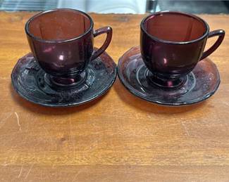 Lot 680: Pair of Amethyst Pressed Glass Cups and Saucers (photo 4)