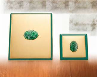 Lot 273: Gilt Metal, Enamel & Green Hardstone Cigarette Case Set (photo 2)