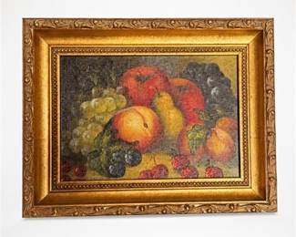 Lot 14: Framed Still Life Fruit Print, Gilt-Finish Frame, 7×9 in — current bid $5