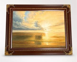 Lot 914: Oil on Canvas Sunset Coastal Seascape, Giltwood Frame — current bid $8