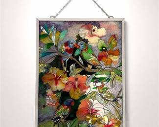 Lot 20: Amia Hand-Painted Glass Panel, Tropical Parrots & Hibiscus — current bid $7
