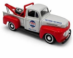Lot 0339: On Mark Int'l 1949 Ford F1 Die-Cast Chevron Tow Truck — current bid $8