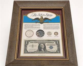 Lot 952: "The Silver Story" Framed U.S. Coin & Currency Display — current bid $117