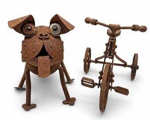 Lot 0236: Decorative Folk-Art Rusted Metal Dog and Tricycle Sculptures — current bid $5