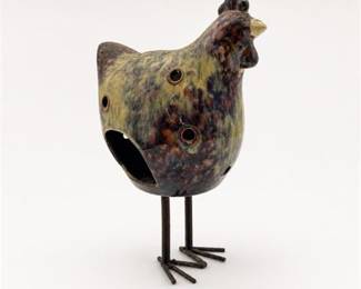 Lot 833: Glazed Stoneware Hen Figurine on Twisted Iron Legs — current bid $5