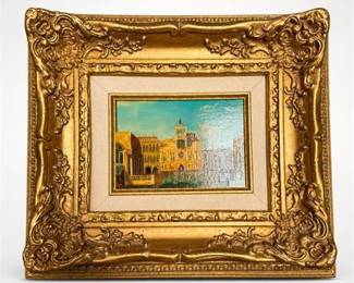 Lot 921: Venetian Canal Veduta Oil on Board, Gilt Frame — current bid $19