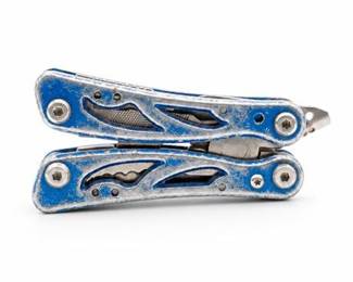 Lot 0417: Unmarked Folding Multi-Tool, Blue Anodized Handles — current bid $5