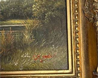 Lot 17: Oil on Canvas Wooded Pond Landscape in Gilt Frame (photo 3)