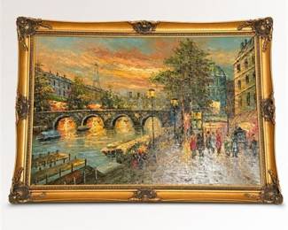 Lot 918: Parisian Street Scene Oil on Canvas, Signed, Gilt Frame — current bid $8