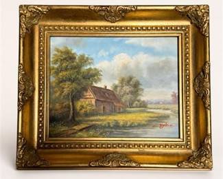Lot 16: Oil on Canvas Pastoral Landscape, Signed, Gilt Frame — current bid $9