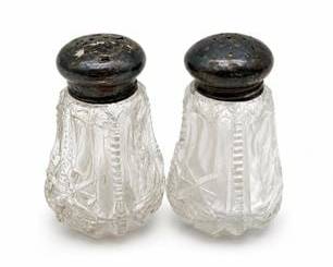 Lot 0490: Cut Glass Salt & Pepper Shakers, Pierced Metal Lids — current bid $5