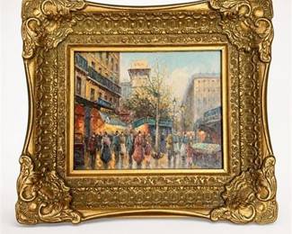 Lot 913: Parisian Street Scene Oil Painting, Ornate Giltwood Frame — current bid $23