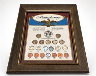 Lot 850: Framed WWII "Wartime Coinage" U.S. Coin Display Set — current bid $16
