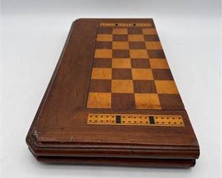 Lot 0307: Inlaid Hardwood Folding Chess, Backgammon & Cribbage Board (photo 5)