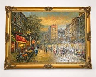 Lot 917: Unattributed Paris Flower Market Oil on Canvas, Gilt Frame — current bid $8