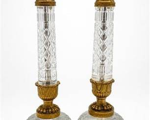 Lot 0499: Pair French Empire Cut Crystal & Ormolu Candlesticks — current bid $260