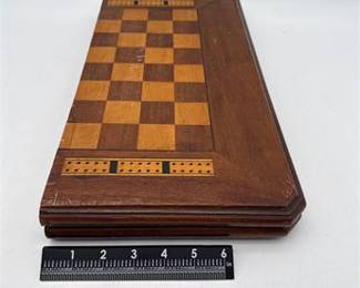 Lot 0307: Inlaid Hardwood Folding Chess, Backgammon & Cribbage Board (photo 4)