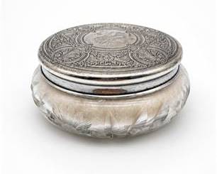Lot 0479: Cut Glass Powder Jar with Sterling Silver Lid — current bid $7