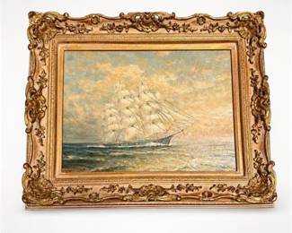 Lot 796: Marine Oil on Canvas, Clipper Ship at Sea, Giltwood Frame — current bid $46