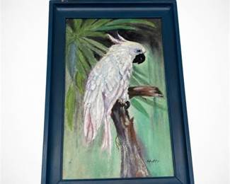 Lot 785: Oil or Acrylic Painting, White Cockatoo, Indistinct Monogram — current bid $8