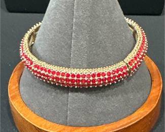 Lot 659: Pair of Gold-Tone Bracelets: Braided Mesh & Red Rhinestone (photo 7)