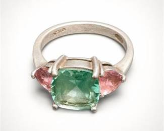Lot 824: Avon Sterling Silver Three-Stone Ring, Green & Pink — current bid $7