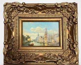 Lot 919: Dutch Canal Townscape Oil on Board, Gilt Frame — current bid $16