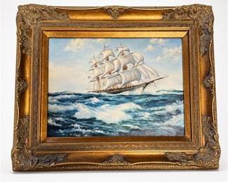 Lot 24: Oil on Canvas, Three-Masted Clipper Ship, Signed Angelo — current bid $26