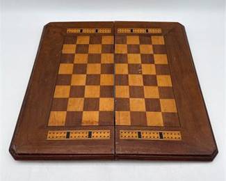 Lot 0307: Inlaid Hardwood Folding Chess, Backgammon & Cribbage Board (photo 2)
