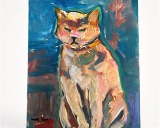 Lot 938: Jose Trujillo Oil on Canvas, Seated Cat, 16 × 20 in — current bid $25