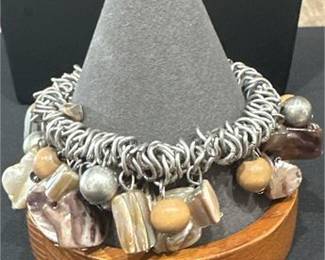 Lot 493: Silver-Tone Stretch "Cha-Cha" Bracelet, Stone/Shell/Wood (photo 2)