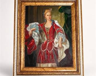 Lot 798: Oil on Canvas Portrait, Lady in Red Rococo-Style Gown — current bid $5