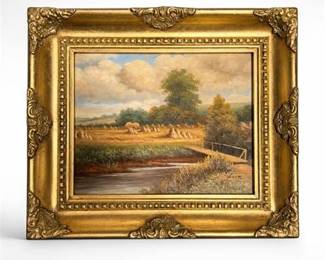 Lot 15: Signed Oil on Canvas Pastoral Landscape in Giltwood Frame — current bid $7