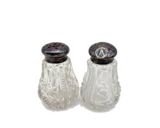 Lot 0490: Cut Glass Salt & Pepper Shakers, Pierced Metal Lids (photo 2)