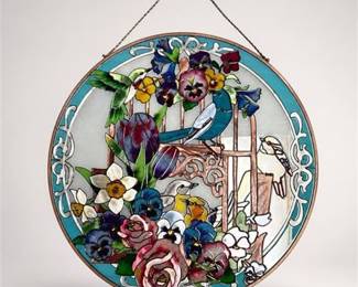 Lot 781: Hand-Painted Glass Suncatcher Panel, Art Nouveau Birds — current bid $7