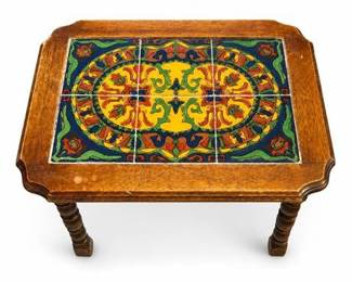 Lot 0231: Spanish Revival Polychrome Tile-Top Side Table — current bid $69
