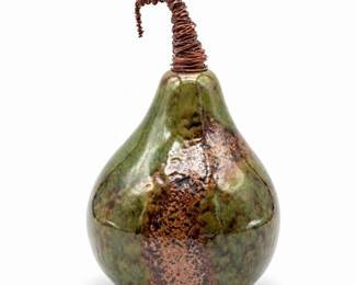 Lot 0198: Ceramic Pear Figurine, Mottled Glaze, Copper Wire Stem — current bid $5