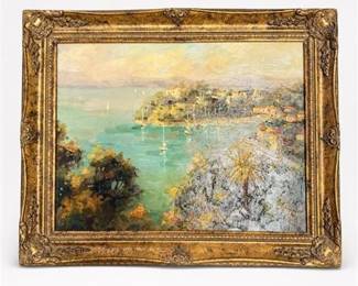 Lot 797: Impasto Oil on Canvas, Mediterranean Harbor, Gilt Frame — current bid $22